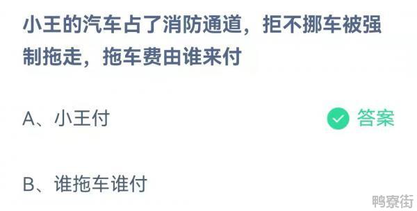 小王的汽车占了消防通道拒不挪车被强制拖走拖车费由谁来付